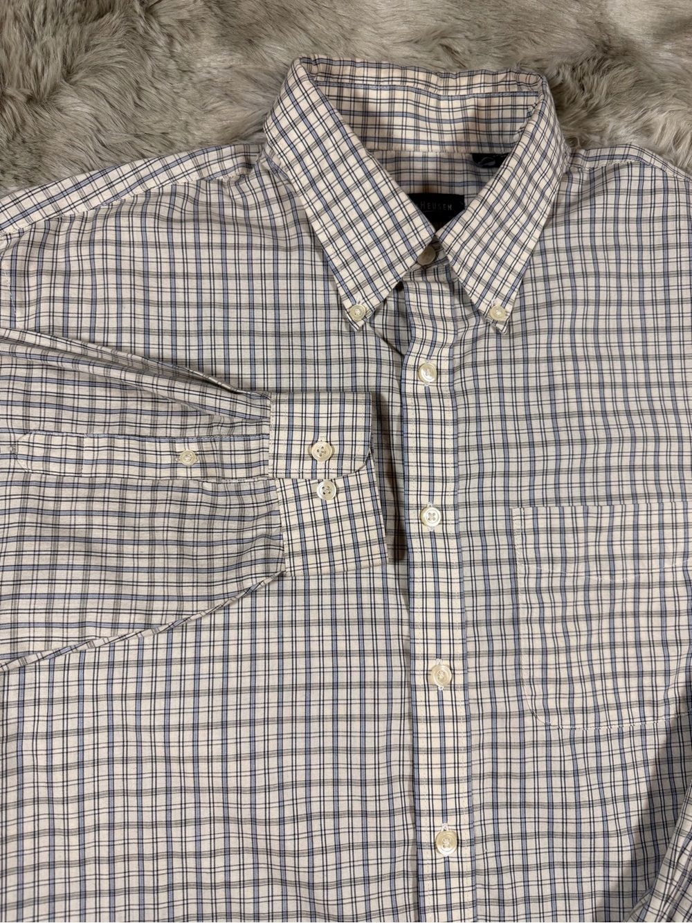 Van Heusen Men’s White Shirt with Blue & Gray Windowpane Check - Large 16-16 1/2